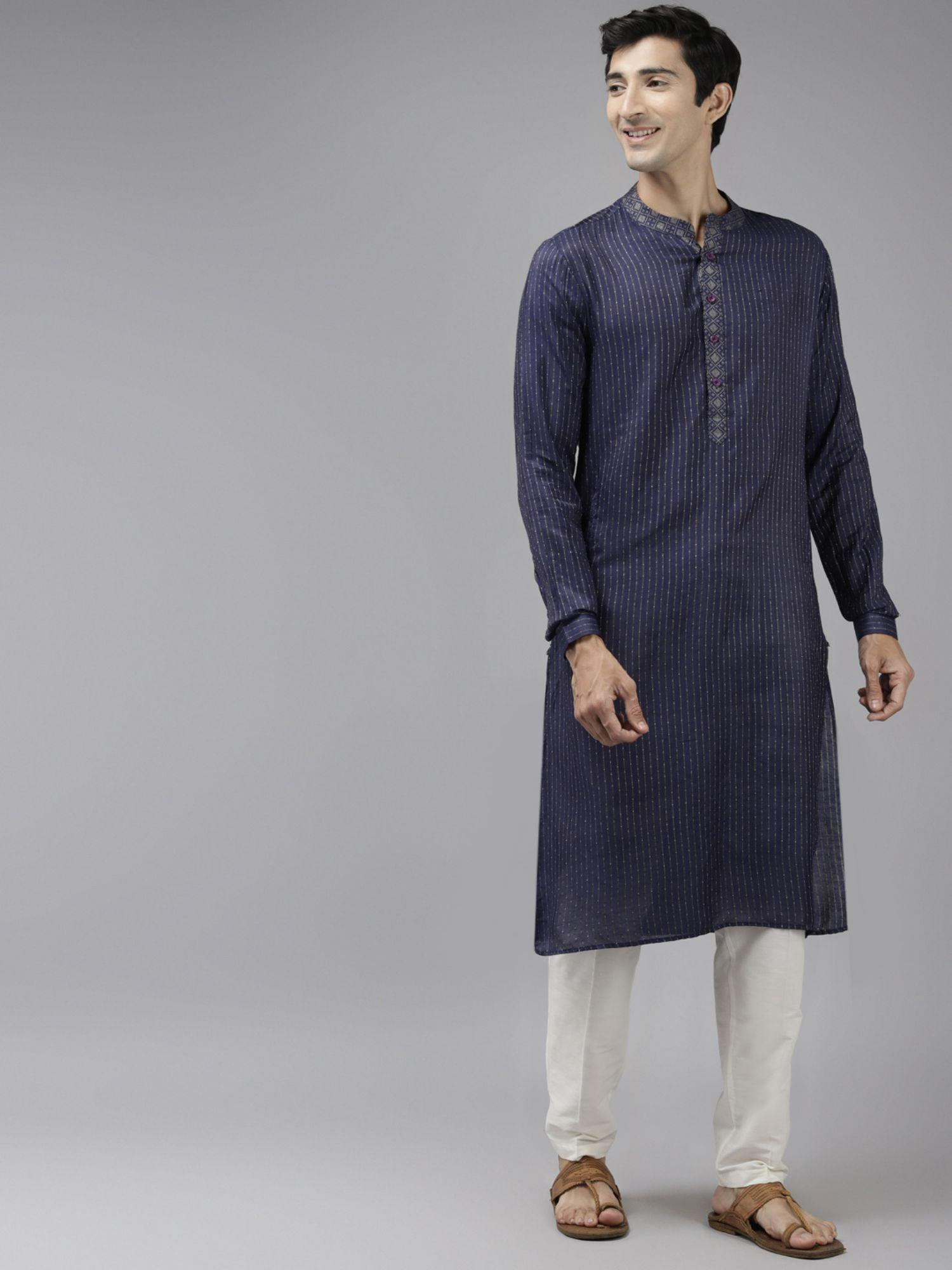 men blue & beige woven design thread work kurta with pyjama (set of 2)