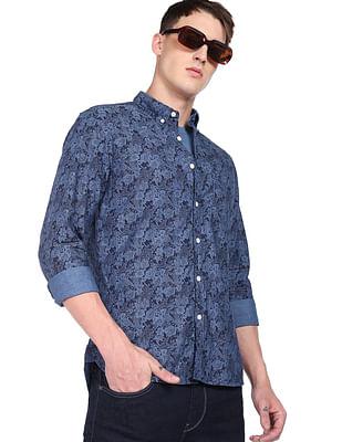 men blue button down collar floral print casual shirt