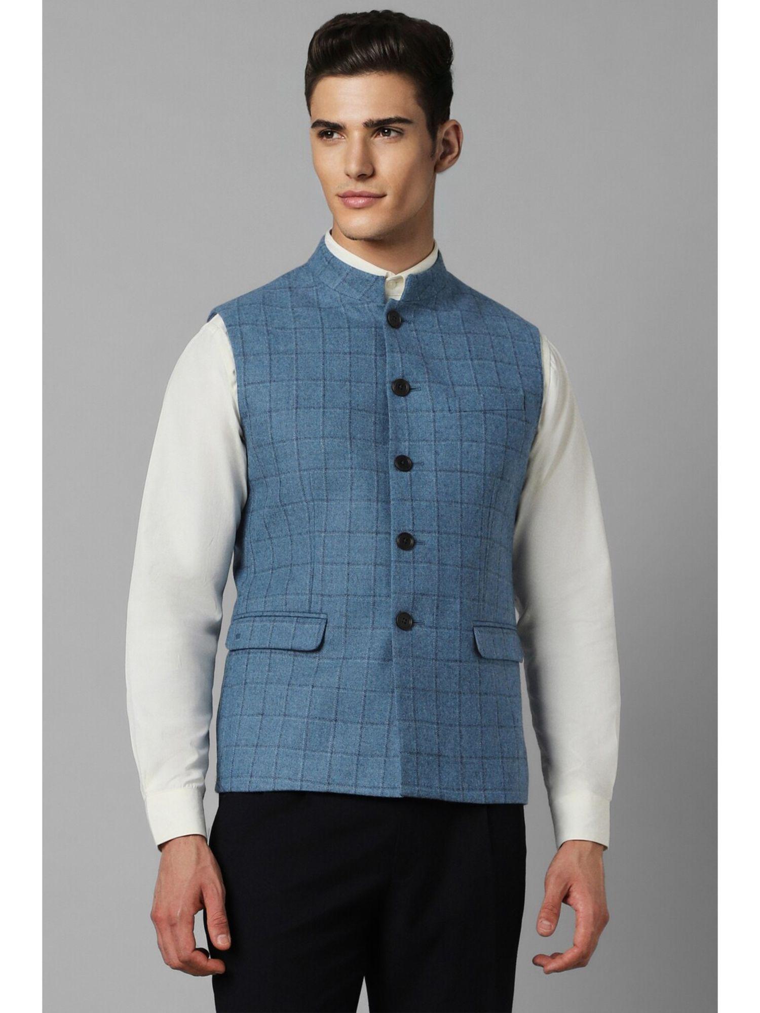 men blue check slim fit party nehru jacket