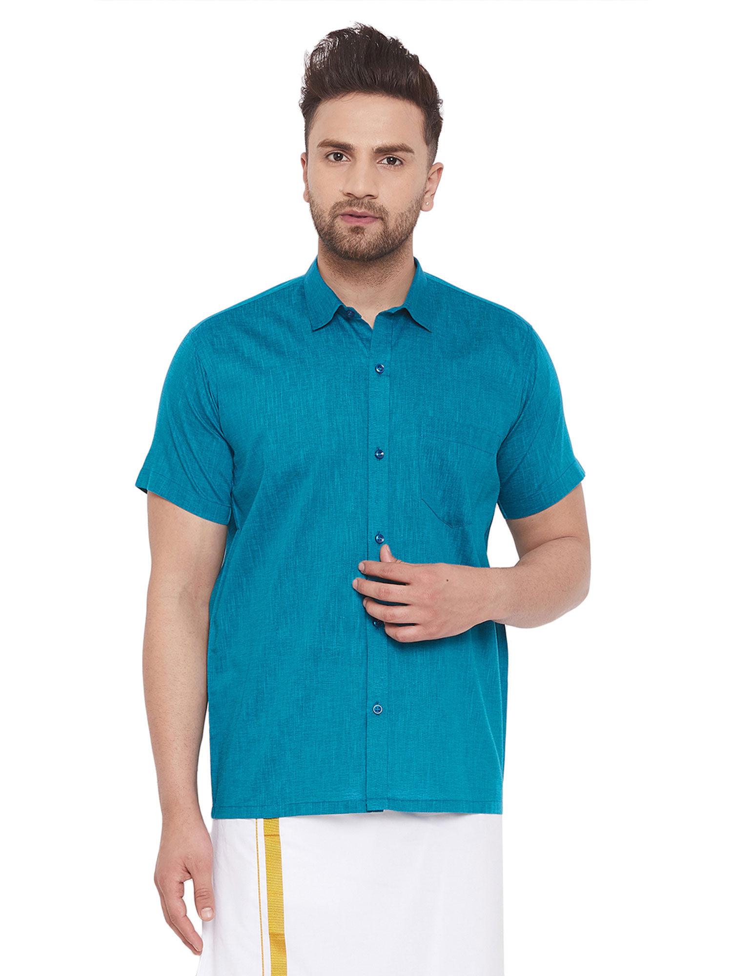 men blue cotton blend ethnic shirt