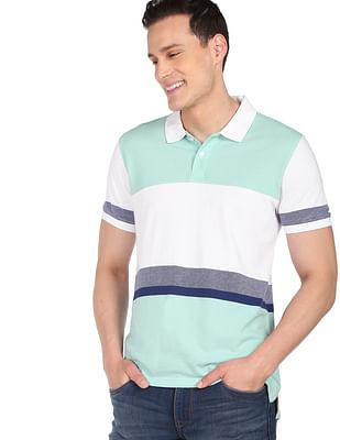men blue cotton horizontal stripe polo shirt