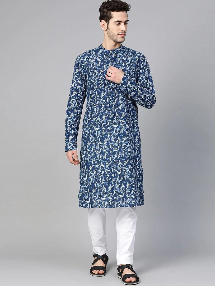 men blue cotton printed mandarin collar regular fit kurta