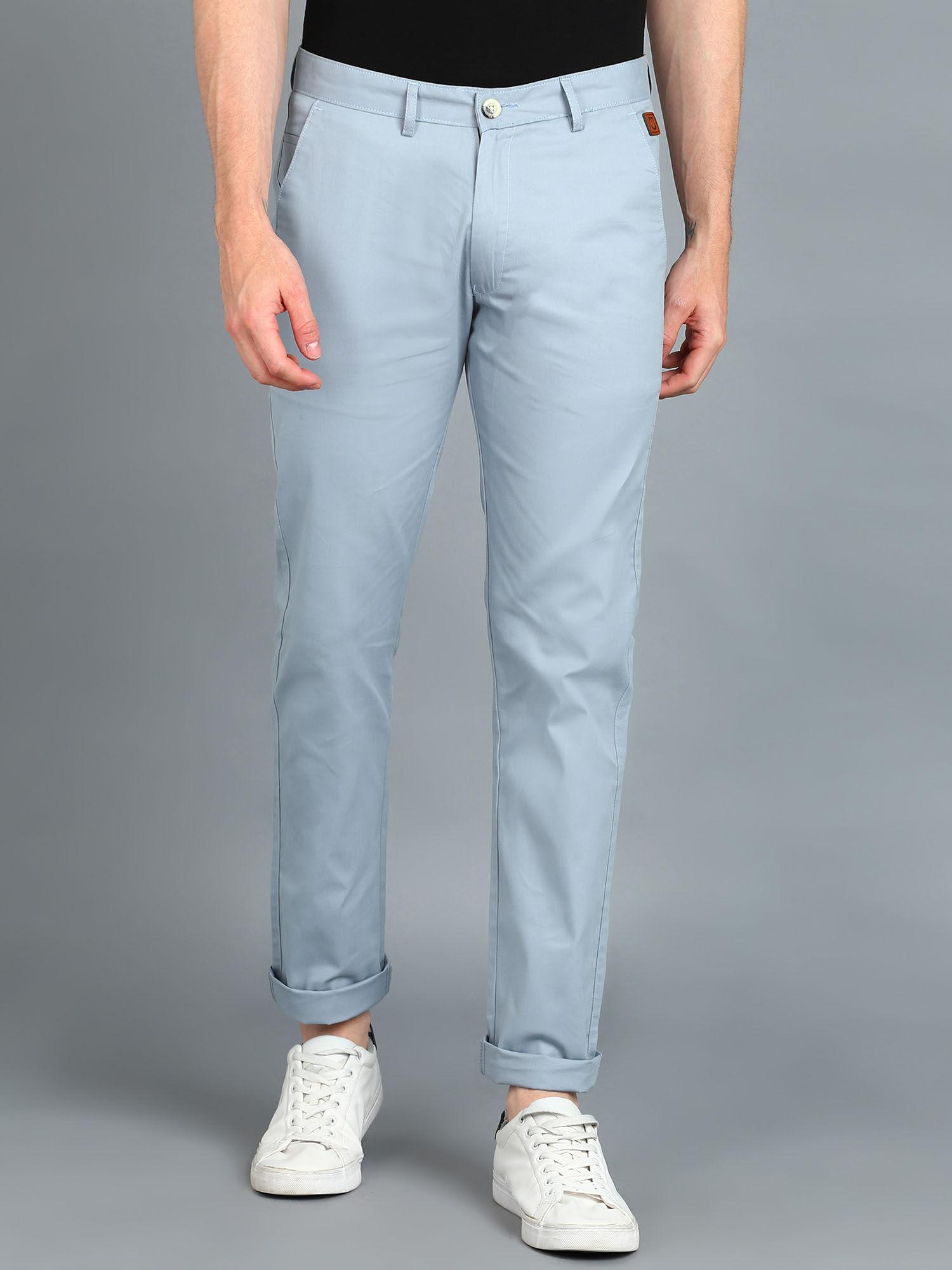 men blue cotton slim fit casual chinos trousers