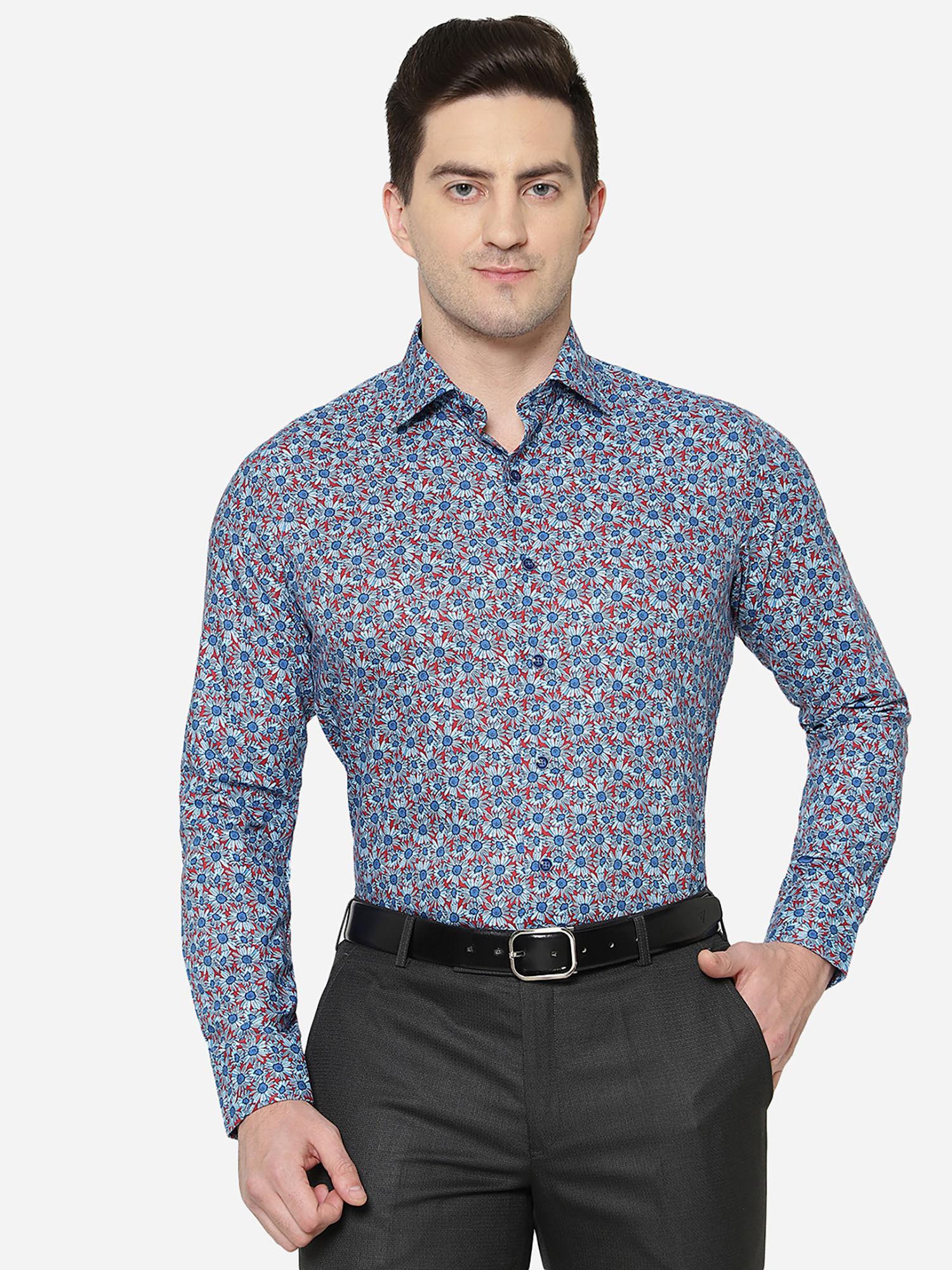 men blue cotton slim fit floral printed formal party wear shirt