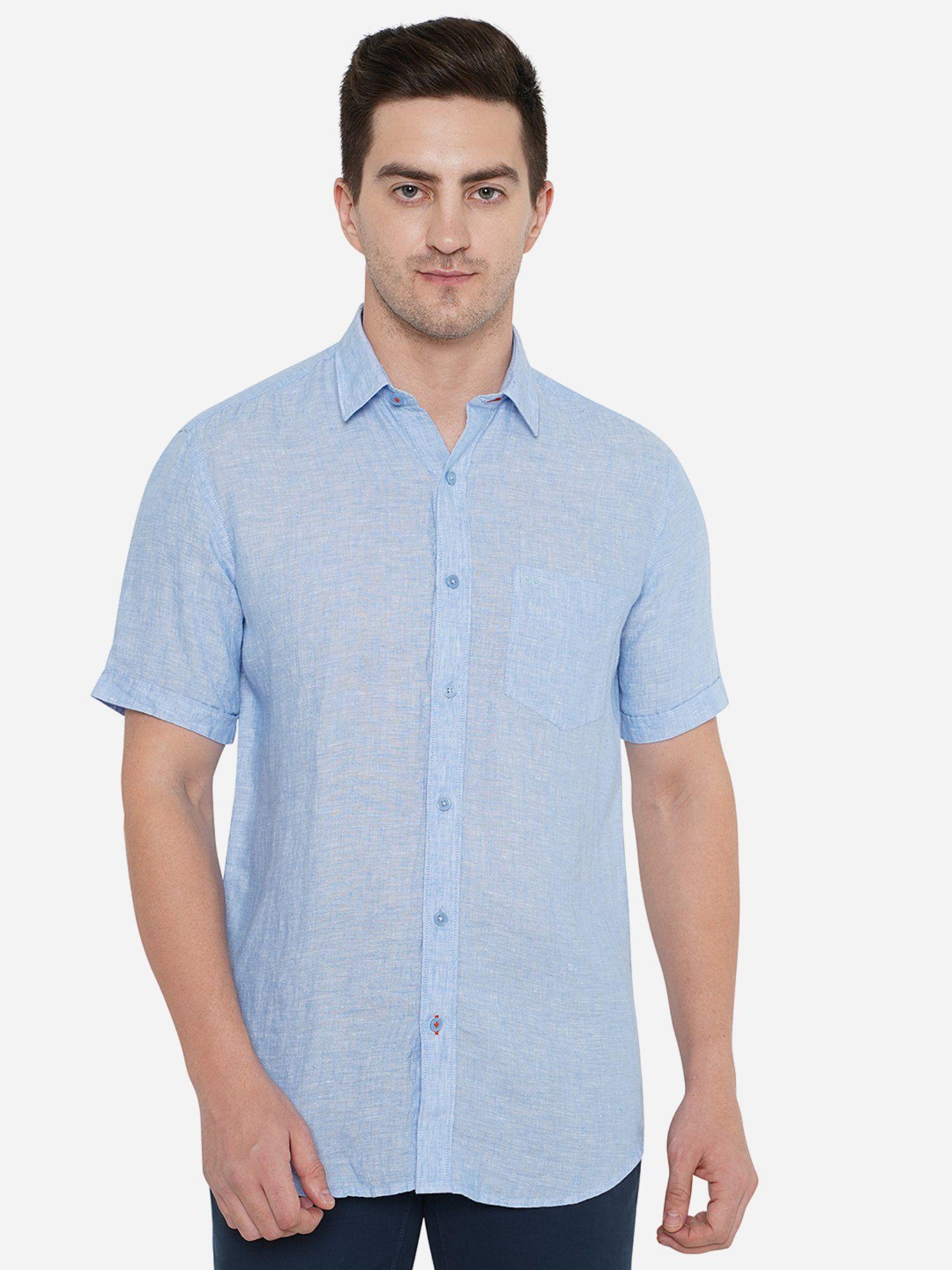 men blue cotton slim fit solid casual shirt