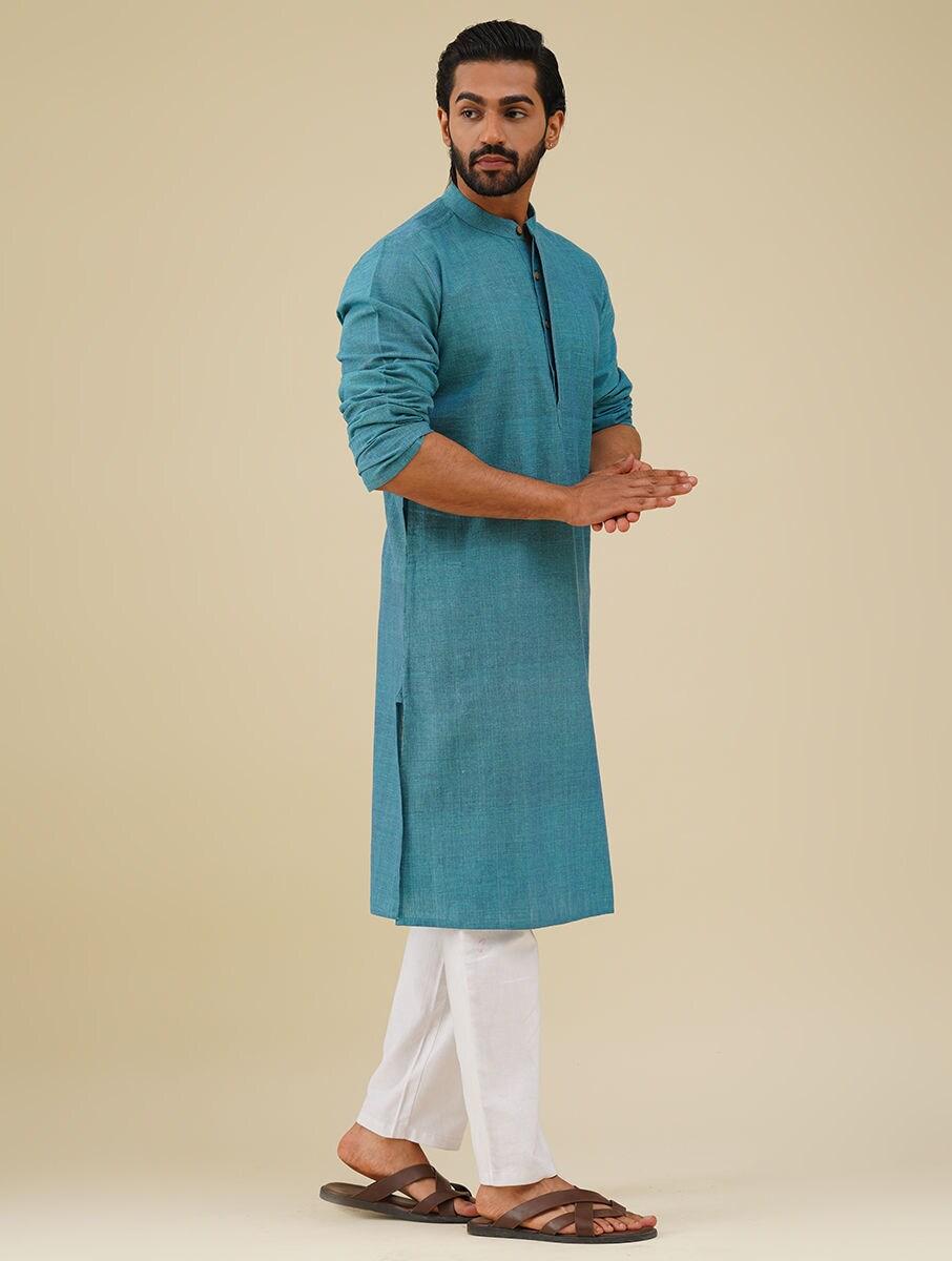 men blue cotton solid mandarin collar regular fit kurta