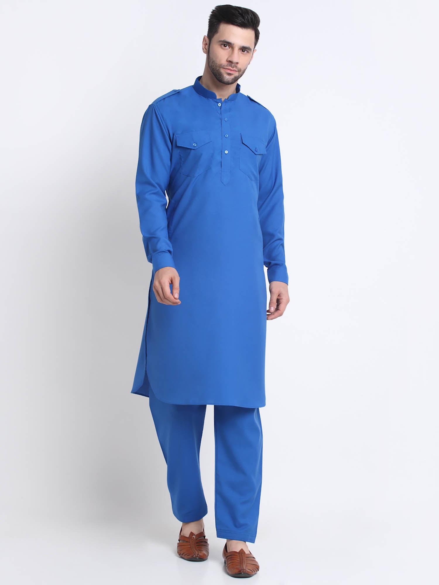 men blue cotton solid pathani and trousers (set of 2)