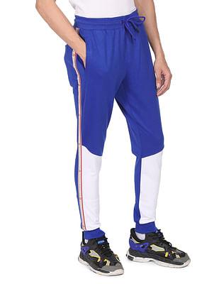 men blue drawstring waist brand tape colour block joggers
