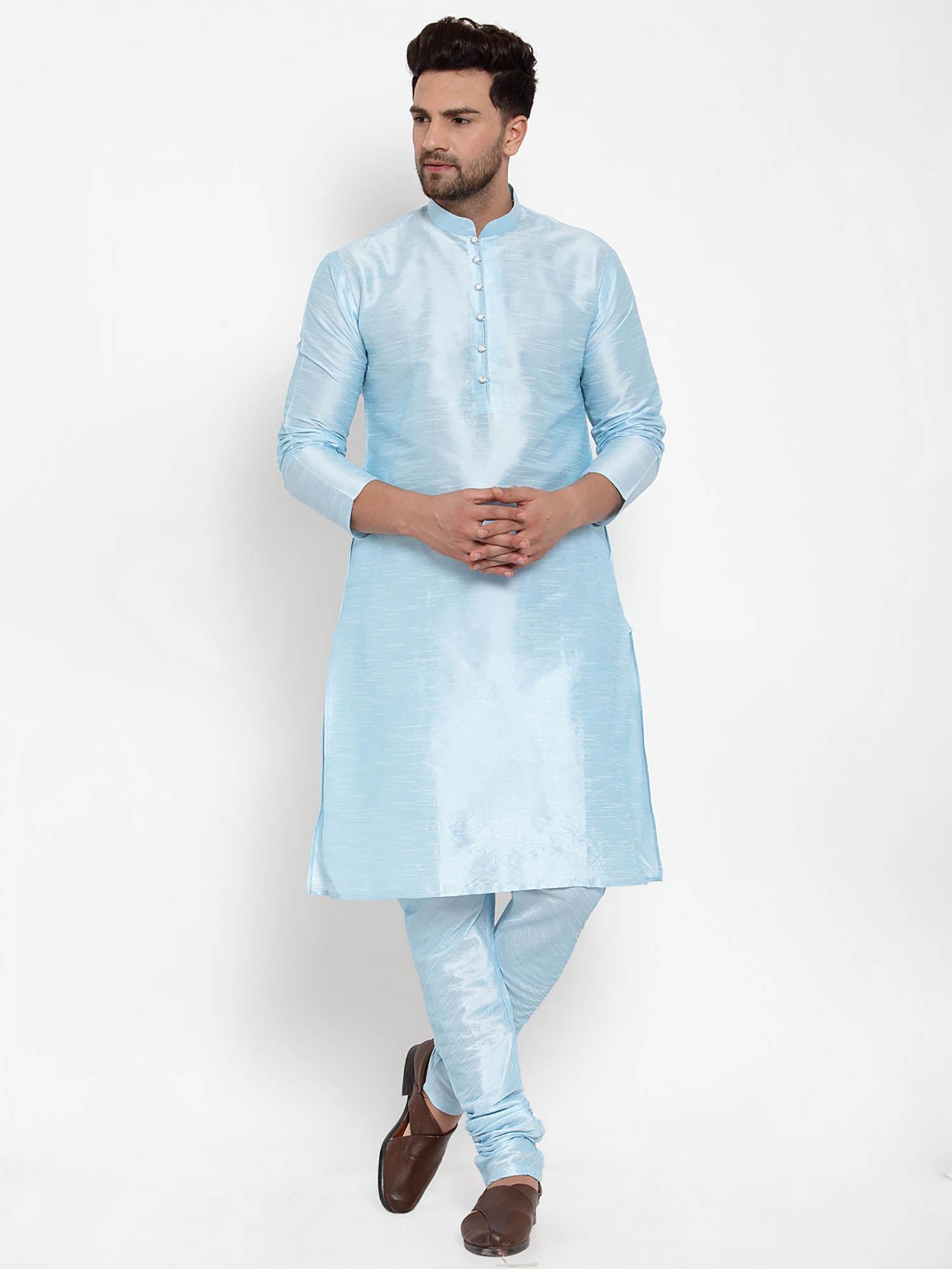 men blue dupion silk kurta with churidar (set of 2)