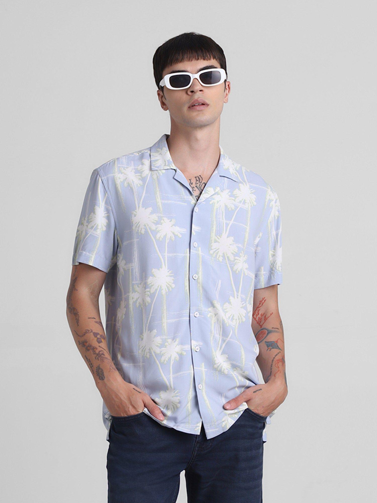 men blue floral print regular fit shirt