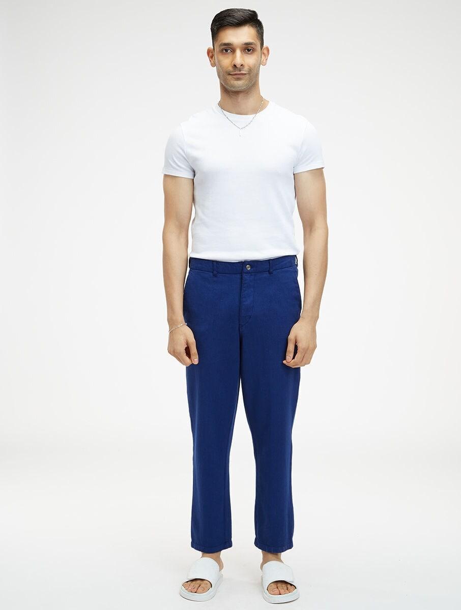 men blue khadi solid long regular fit pants
