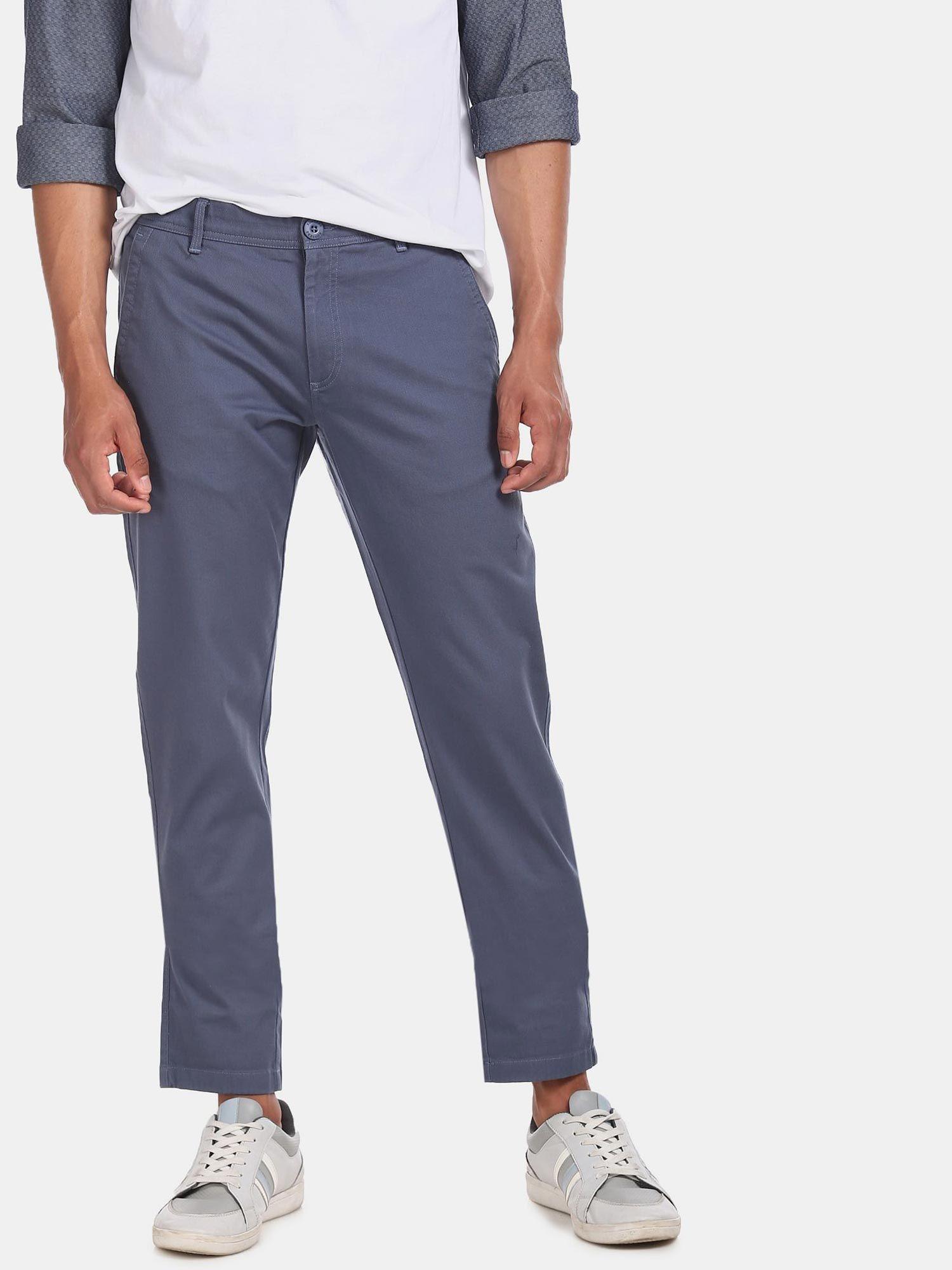men blue mid rise solid casual trousers
