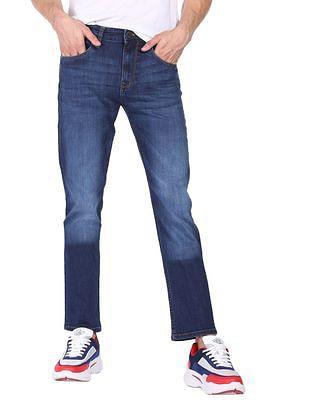 men blue mid rise stone washed jeans