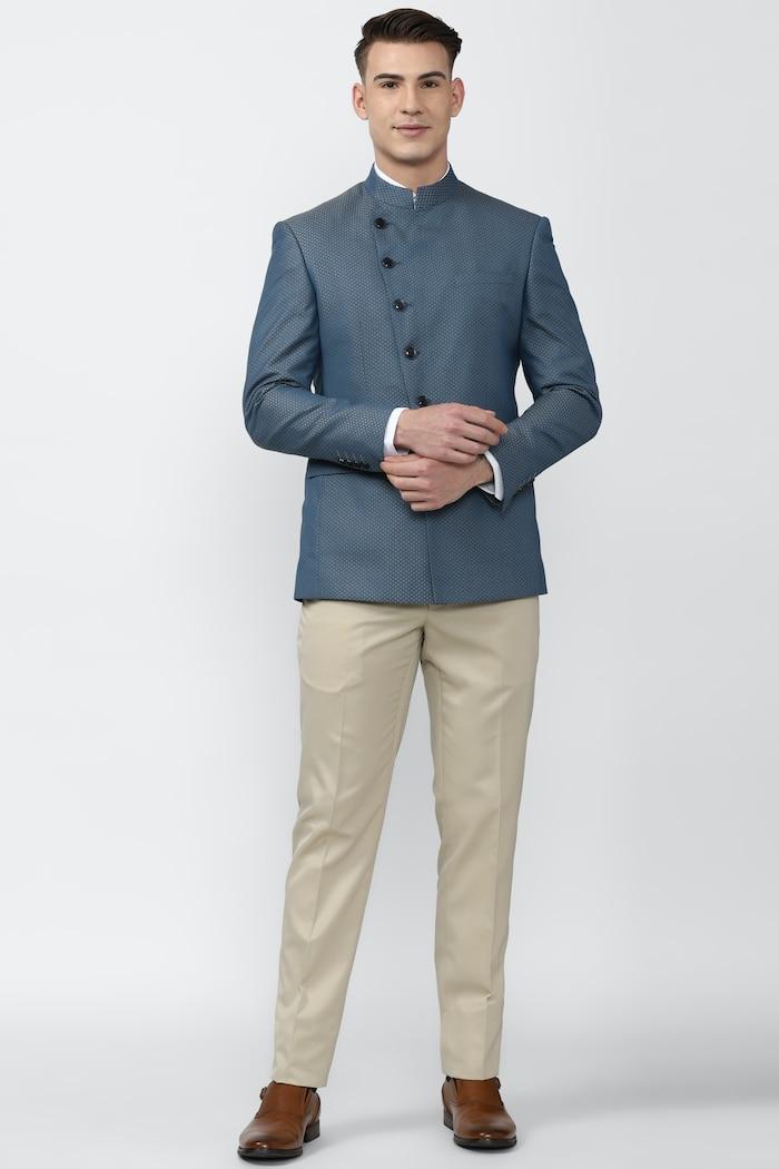 men blue print slim fit formal two piece suit