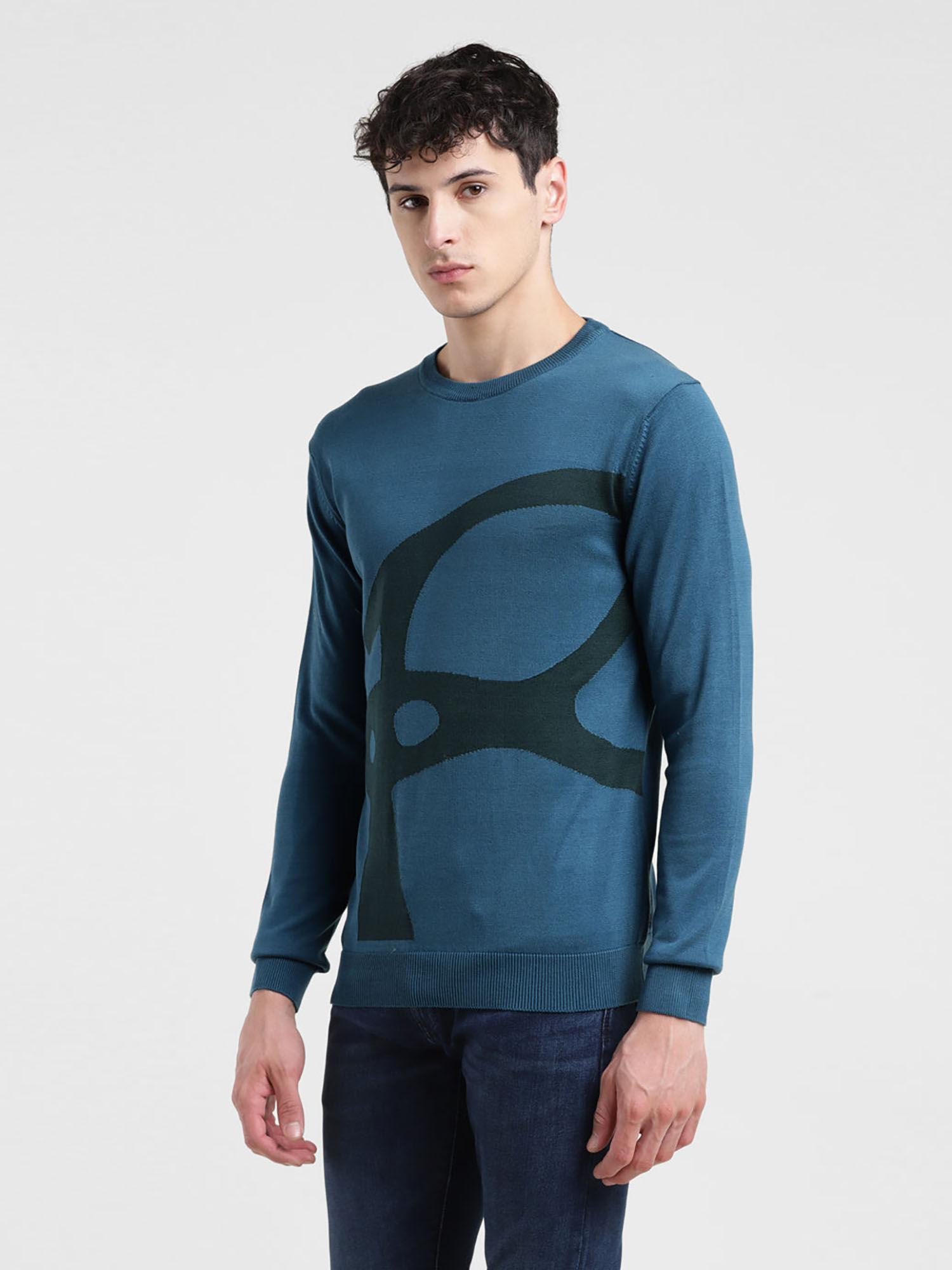 men blue printed regular fit sweater