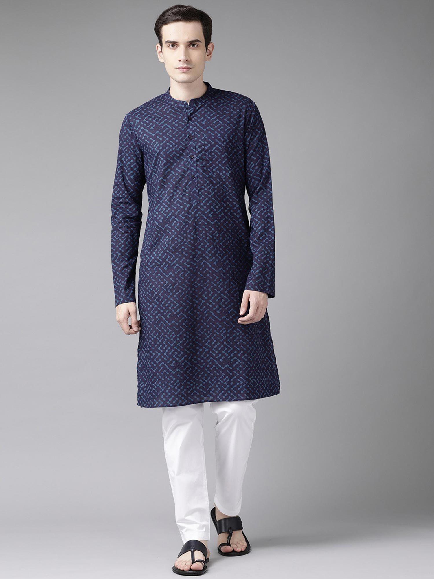 men blue printed straight kurta with pyjama (set of 2)