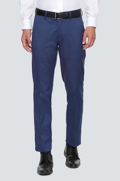 men blue regular fit textured flat front formal trousers