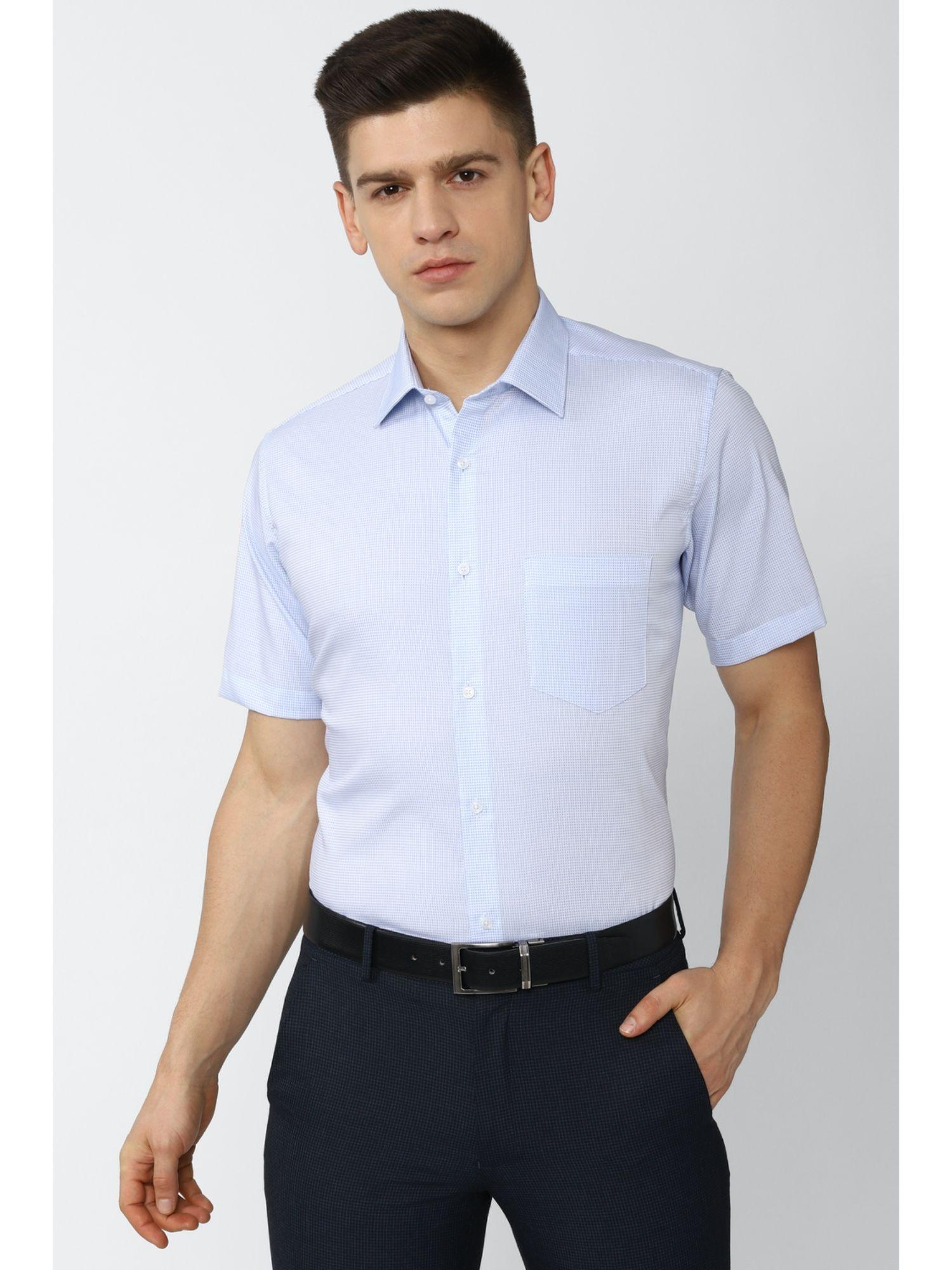 men blue regular fit textured half sleeves formal shirt