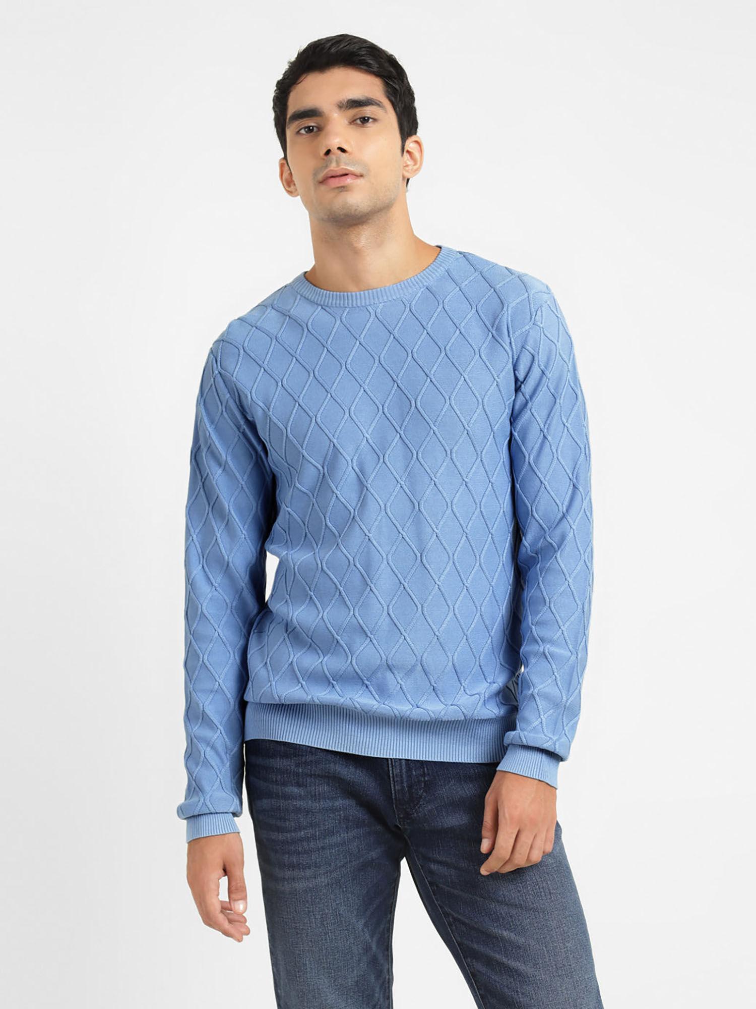 men blue self design regular fit sweater