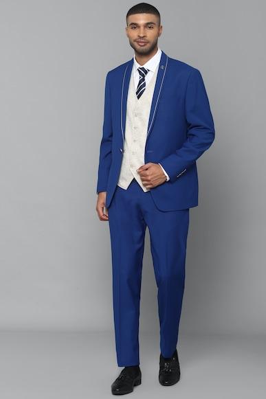 men blue slim fit solid formal three piece suit