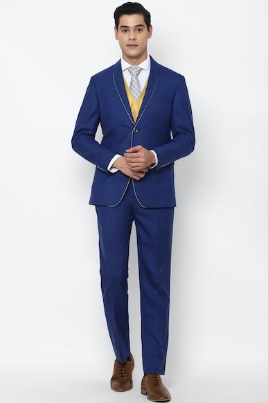 men blue slim fit textured formal three piece suit