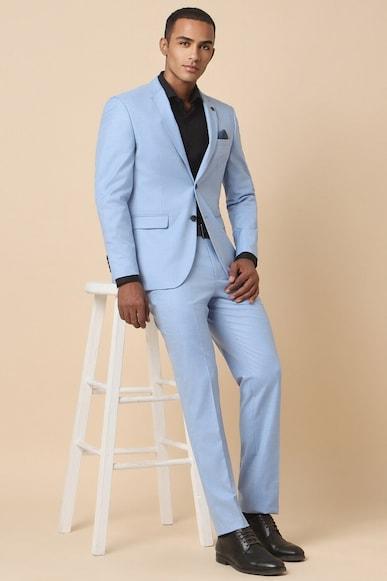 men blue slim fit textured formal two piece suit