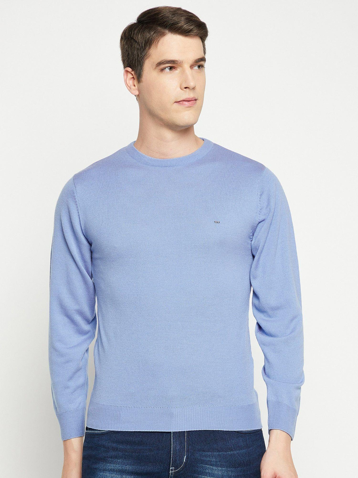 men blue solid acrylic round neck sweater