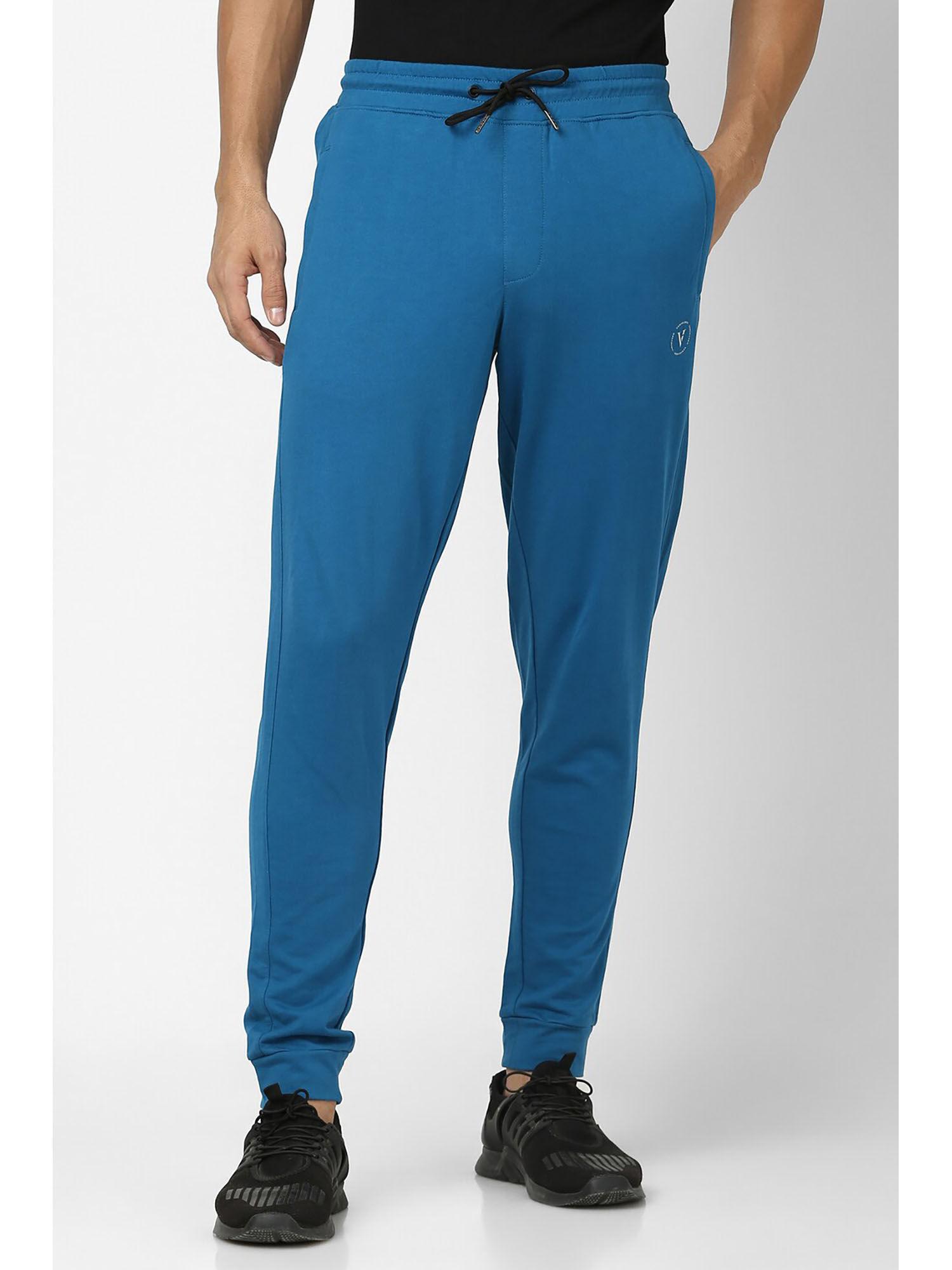 men blue solid casual joggers pants