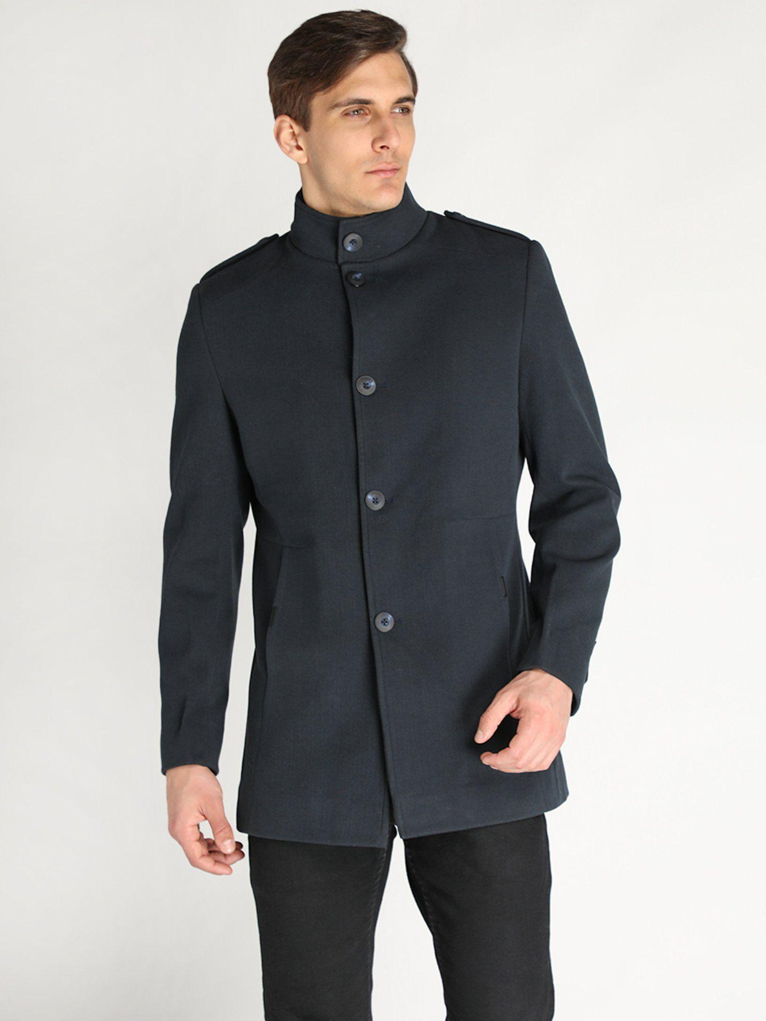 men blue solid single breasted winter overcoat