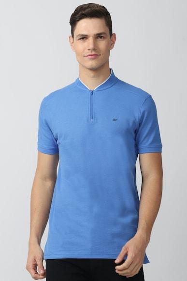 men blue solid stylized neck round neck t-shirts