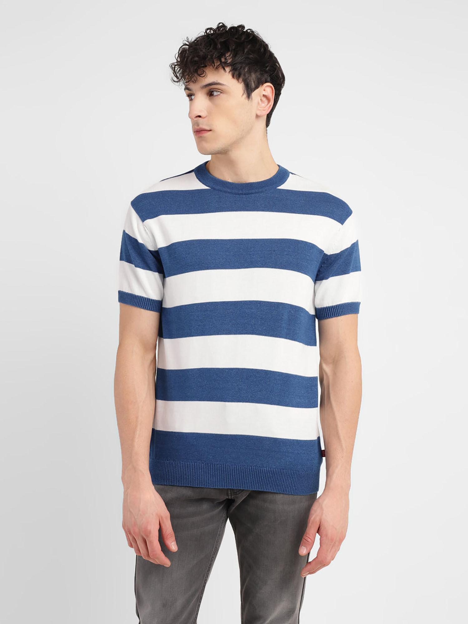 men blue stripes regular fit sweater