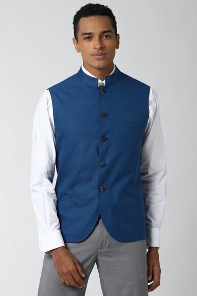 men blue textured regular fit formal nehru jacket