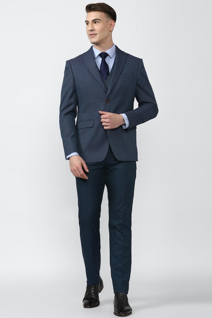 men blue textured slim fit formal three piece suit