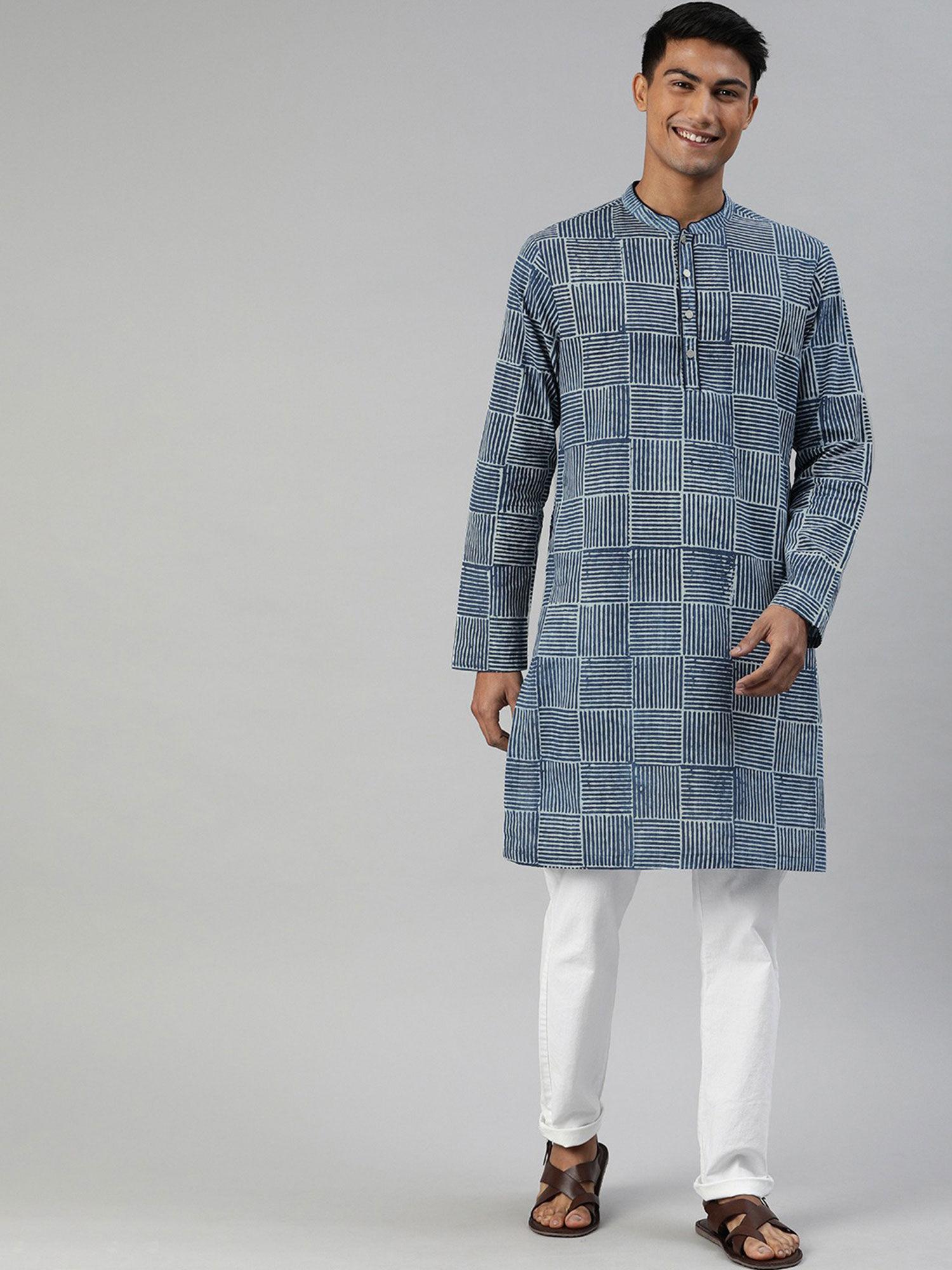 men blue white printed straight cotton kurta