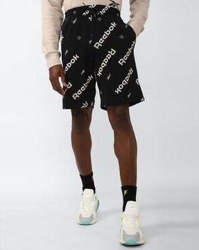 men brand print regular fit knit shorts