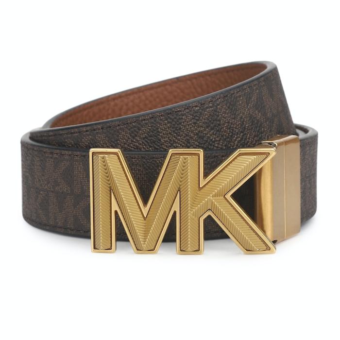 men brown 3d mk plaque buckle belt