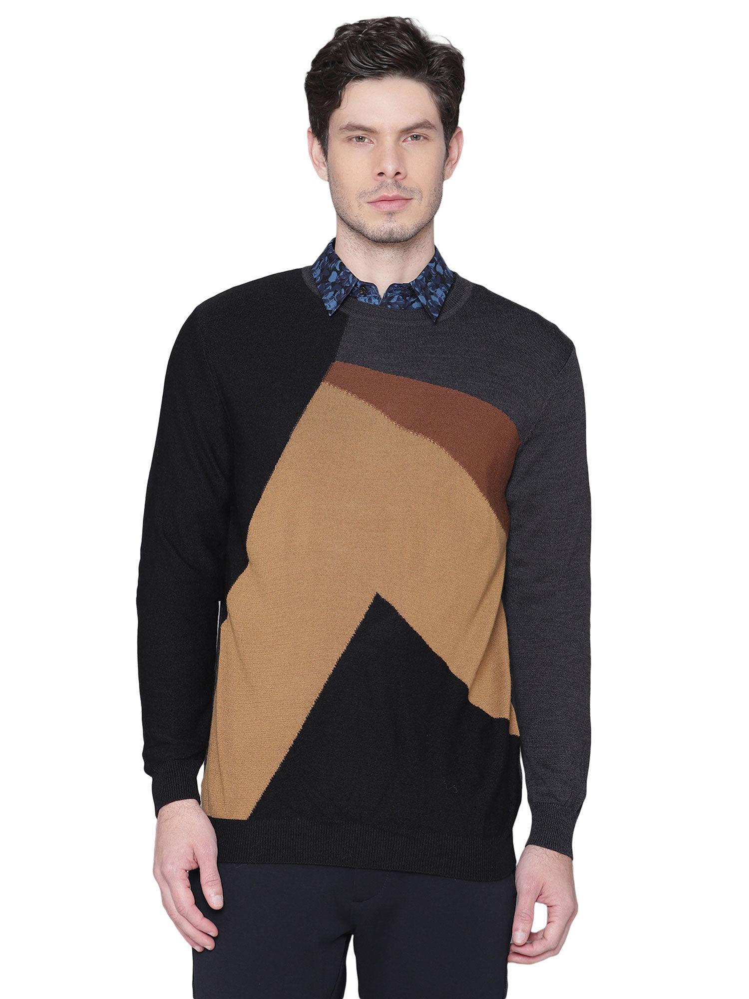 men brown colour blocked regular fit sweater