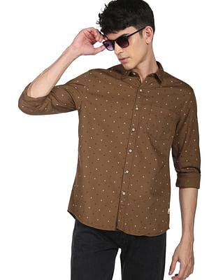 men brown cotton geometric print casual shirt