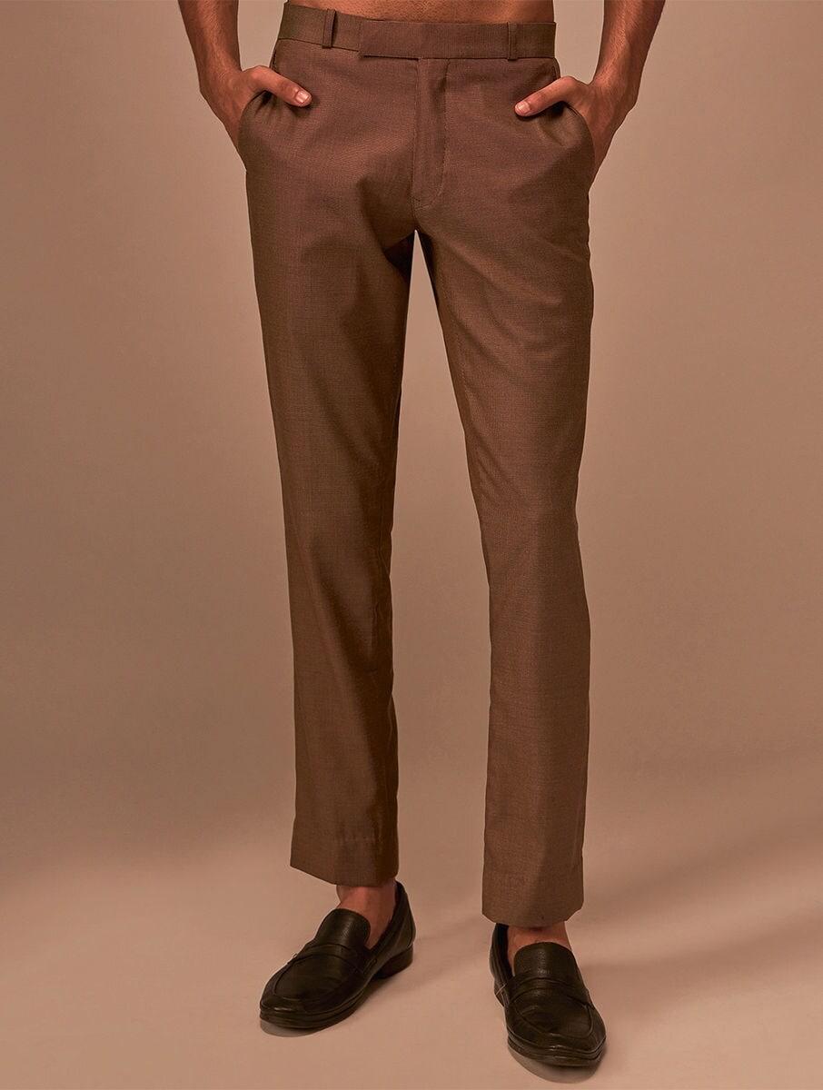 men brown cotton self design full length tailored fit pants