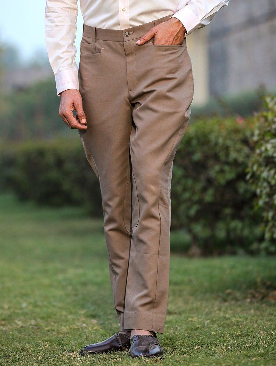 men brown cotton solid long regular fit pants