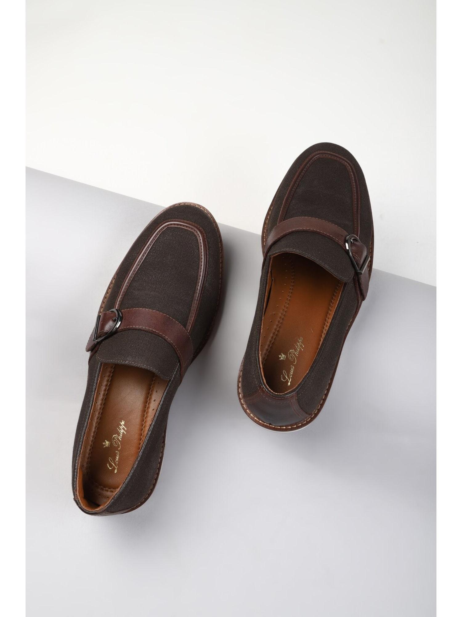 men brown leather casual buckle monk straps