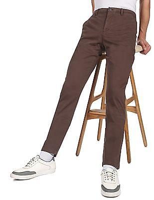 men brown mid rise solid chinos
