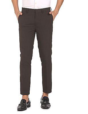 men brown mid rise woven check formal trousers