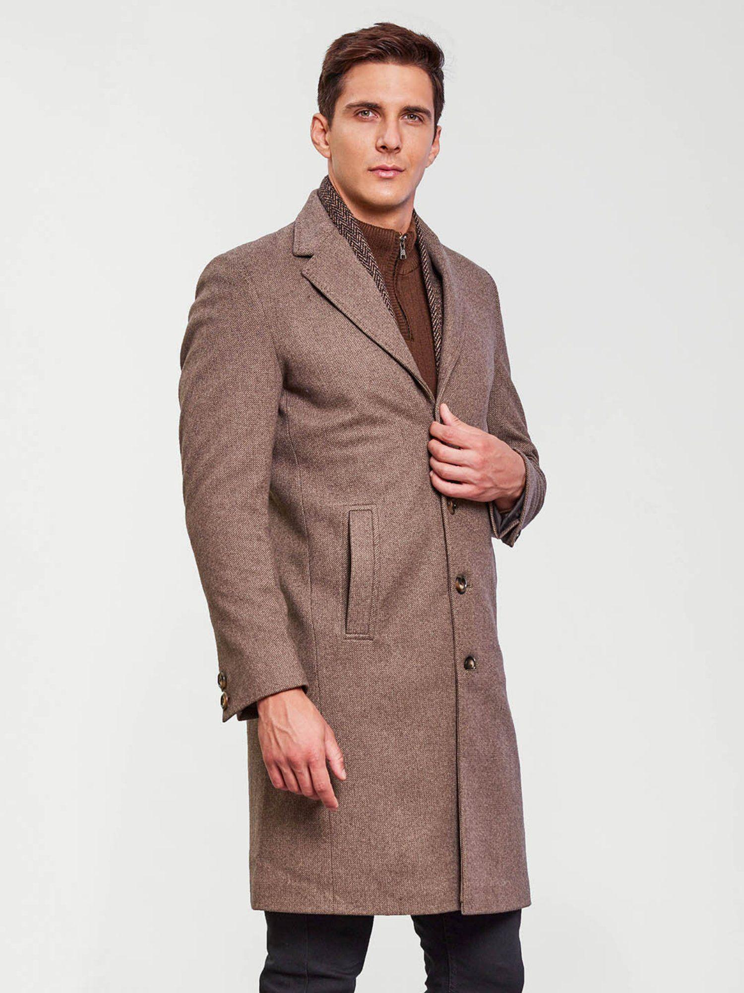 men brown notch lapel collar solid winter overcoat