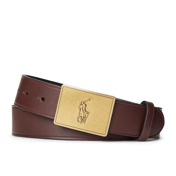 men brown pony plaque leather belt