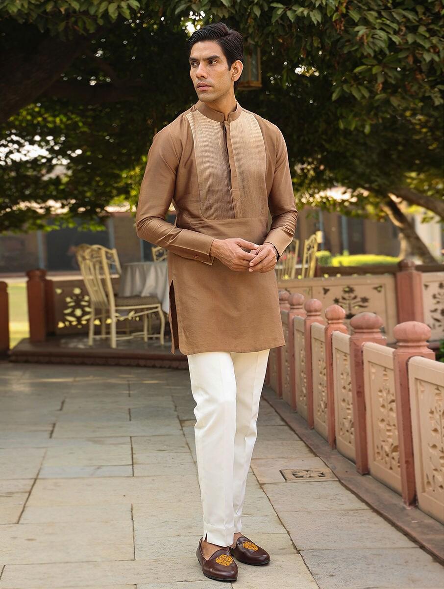 men brown silk embellished mandarin collar regular fit kurta