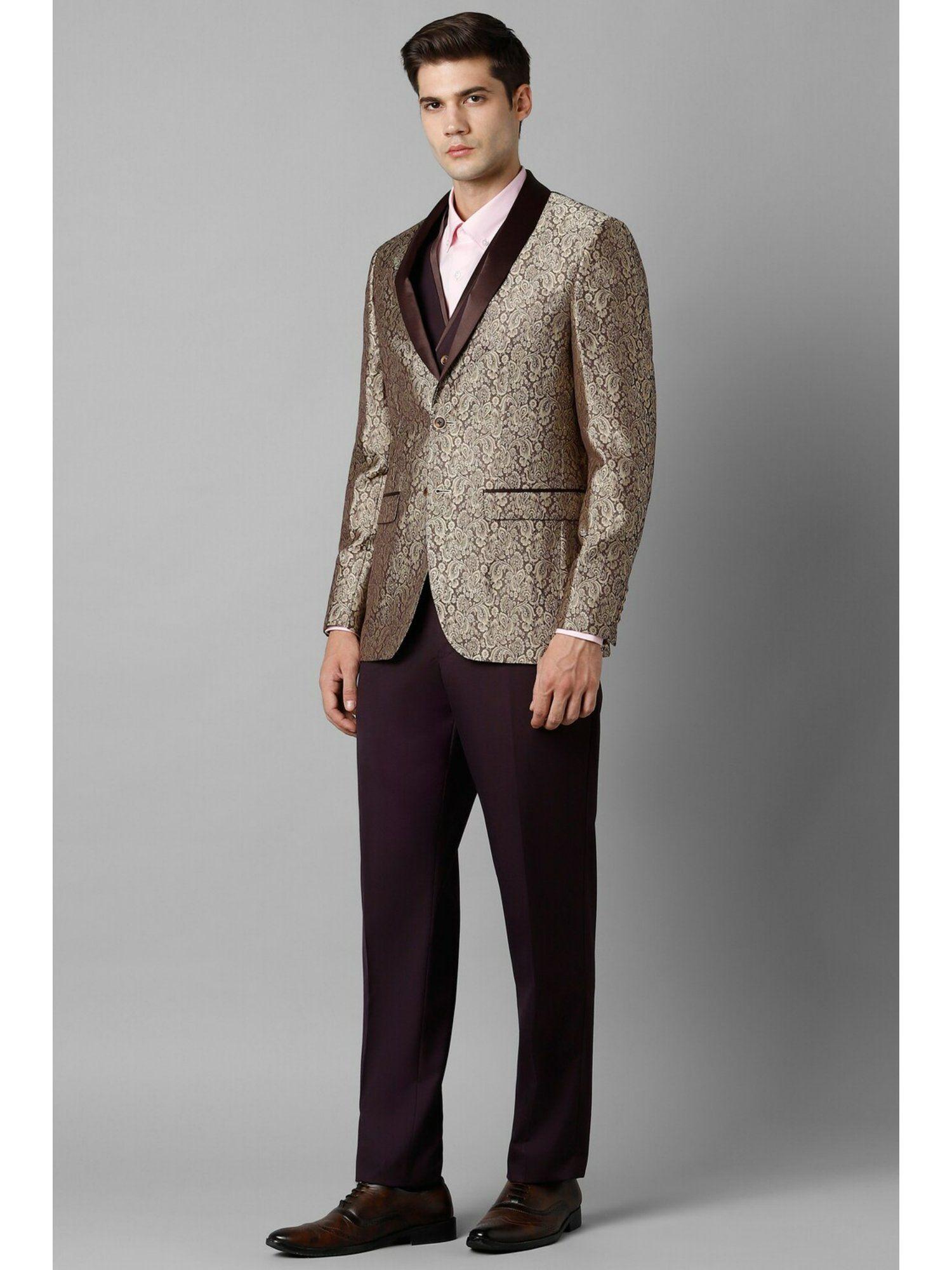 men brown slim fit print party suit (set of 3)