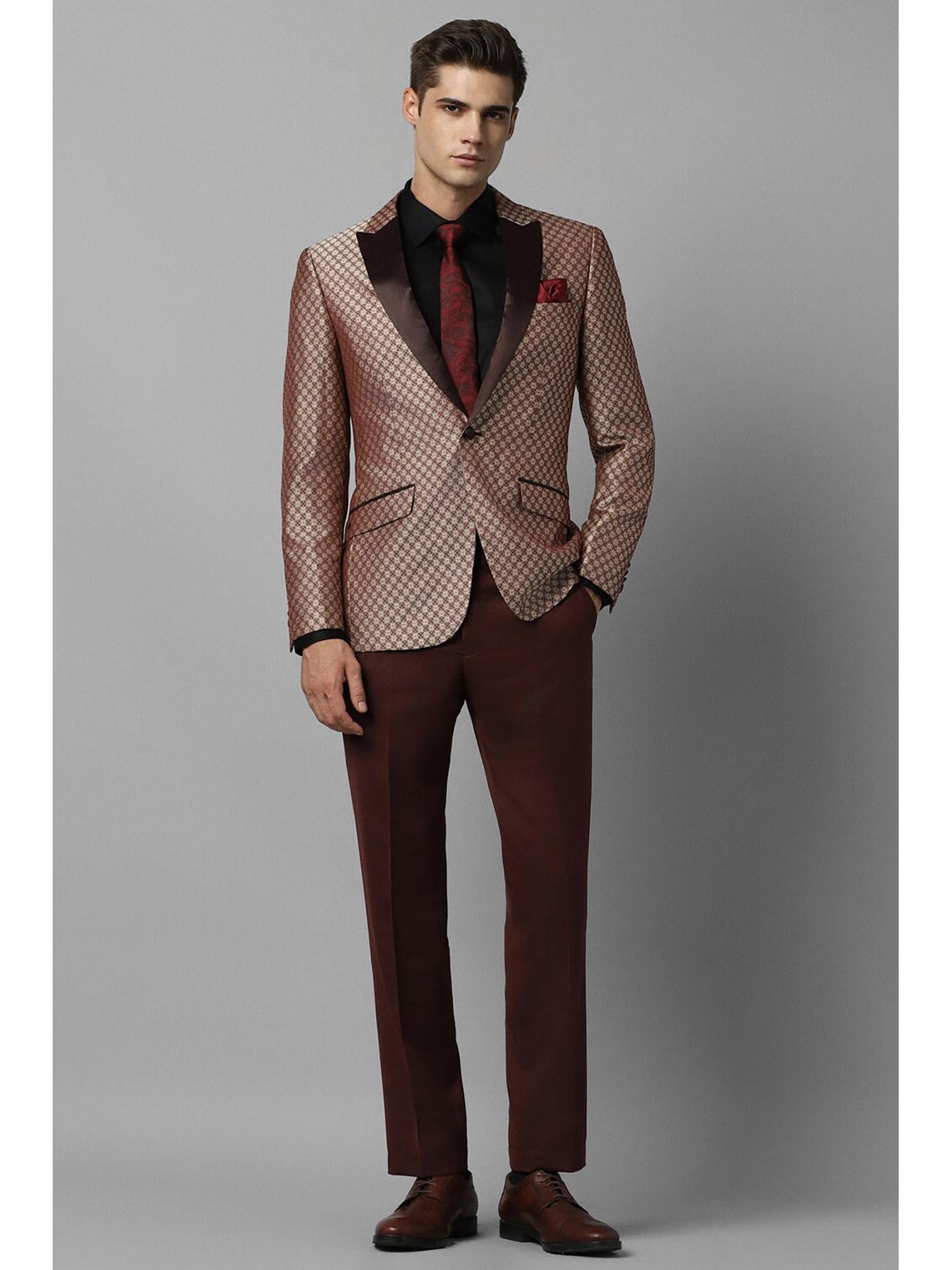 men brown slim fit print party two piece suit (set of 2)