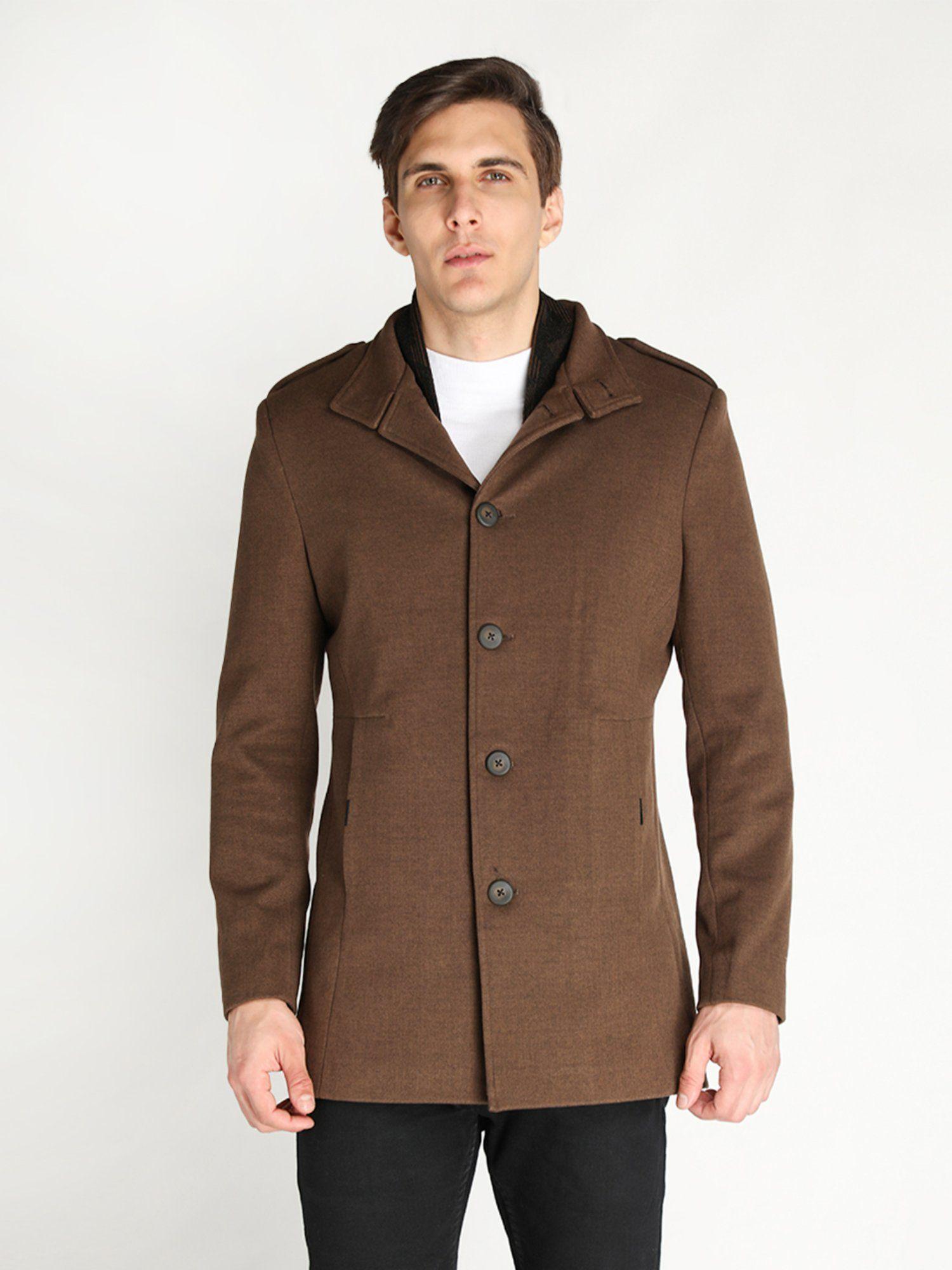 men brown solid single breasted winter overcoat