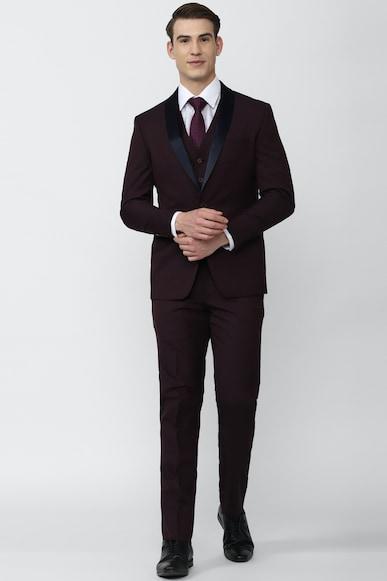 men brown solid slim fit formal three piece suit